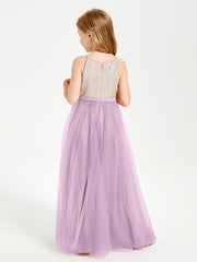 Abito Damigella Junior Lungo Top Con Paillettes Gonna In Tulle Glicine