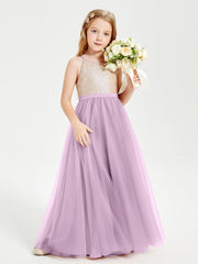 Abito Damigella Junior Lungo Top Con Paillettes Gonna In Tulle Glicine