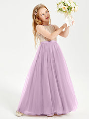 Abito Damigella Junior Lungo Top Con Paillettes Gonna In Tulle Glicine