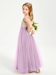 Abito Damigella Junior Lungo Top Con Paillettes Gonna In Tulle Glicine