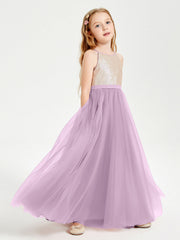 Abito Damigella Junior Lungo Top Con Paillettes Gonna In Tulle Glicine