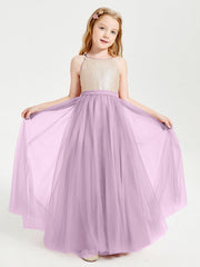 Abito Damigella Junior Lungo Top Con Paillettes Gonna In Tulle Glicine