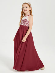 Abiti Da Damigella Lunghi In Chiffon Top In Pizzo Borgogna