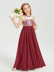 Abiti Da Damigella Lunghi In Chiffon Top In Pizzo Borgogna