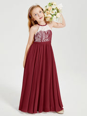 Abiti Da Damigella Lunghi In Chiffon Top In Pizzo Borgogna