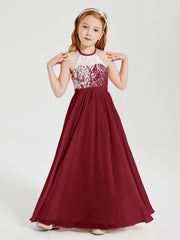 Abiti Da Damigella Lunghi In Chiffon Top In Pizzo Borgogna