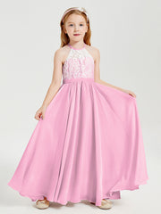 Abiti Da Damigella Lunghi In Chiffon Top In Pizzo Rosa Bonbon