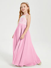 Abiti Da Damigella Lunghi In Chiffon Top In Pizzo Rosa Bonbon