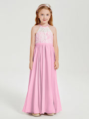 Abiti Da Damigella Lunghi In Chiffon Top In Pizzo Rosa Bonbon