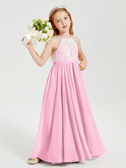 Abiti Da Damigella Lunghi In Chiffon Top In Pizzo Rosa Bonbon
