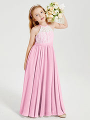 Abiti Da Damigella Lunghi In Chiffon Top In Pizzo Rosa Bonbon
