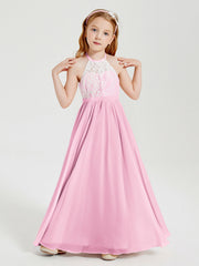 Abiti Da Damigella Lunghi In Chiffon Top In Pizzo Rosa Bonbon