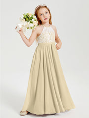 Abiti Da Damigella Lunghi In Chiffon Top In Pizzo Champagne