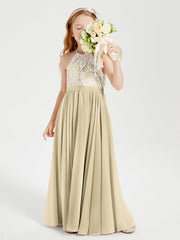 Abiti Da Damigella Lunghi In Chiffon Top In Pizzo Champagne