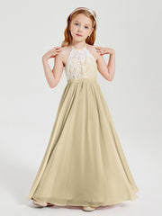 Abiti Da Damigella Lunghi In Chiffon Top In Pizzo Champagne