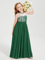 Abiti Da Damigella Lunghi In Chiffon Top In Pizzo Verde Scuro