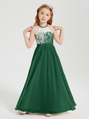 Abiti Da Damigella Lunghi In Chiffon Top In Pizzo Verde Scuro