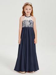 Abiti Da Damigella Lunghi In Chiffon Top In Pizzo Blu Scuro