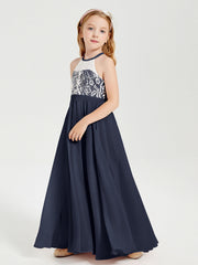Abiti Da Damigella Lunghi In Chiffon Top In Pizzo Blu Scuro