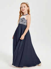 Abiti Da Damigella Lunghi In Chiffon Top In Pizzo Blu Scuro