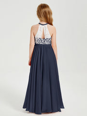 Abiti Da Damigella Lunghi In Chiffon Top In Pizzo Blu Scuro