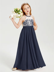 Abiti Da Damigella Lunghi In Chiffon Top In Pizzo Blu Scuro