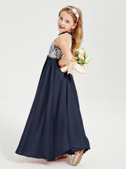Abiti Da Damigella Lunghi In Chiffon Top In Pizzo Blu Scuro