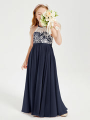 Abiti Da Damigella Lunghi In Chiffon Top In Pizzo Blu Scuro