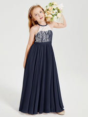 Abiti Da Damigella Lunghi In Chiffon Top In Pizzo Blu Scuro