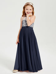 Abiti Da Damigella Lunghi In Chiffon Top In Pizzo Blu Scuro