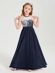 Abiti Da Damigella Lunghi In Chiffon Top In Pizzo Blu Scuro