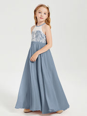Abiti Da Damigella Lunghi In Chiffon Top In Pizzo Azzurro Polvere