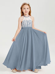 Abiti Da Damigella Lunghi In Chiffon Top In Pizzo Azzurro Polvere