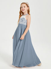 Abiti Da Damigella Lunghi In Chiffon Top In Pizzo Azzurro Polvere