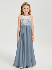 Abiti Da Damigella Lunghi In Chiffon Top In Pizzo Azzurro Polvere