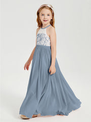 Abiti Da Damigella Lunghi In Chiffon Top In Pizzo Azzurro Polvere