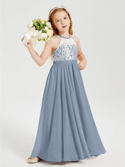 Abiti Da Damigella Lunghi In Chiffon Top In Pizzo Azzurro Polvere