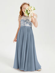 Abiti Da Damigella Lunghi In Chiffon Top In Pizzo Azzurro Polvere