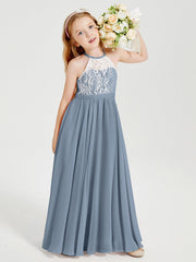 Abiti Da Damigella Lunghi In Chiffon Top In Pizzo Azzurro Polvere