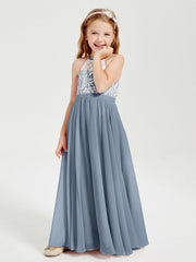 Abiti Da Damigella Lunghi In Chiffon Top In Pizzo Azzurro Polvere