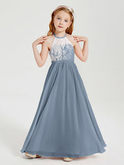 Abiti Da Damigella Lunghi In Chiffon Top In Pizzo Azzurro Polvere