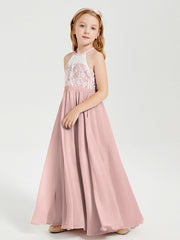 Abiti Da Damigella Lunghi In Chiffon Top In Pizzo Rosa Polvere