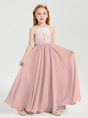 Abiti Da Damigella Lunghi In Chiffon Top In Pizzo Rosa Polvere