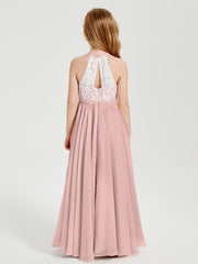 Abiti Da Damigella Lunghi In Chiffon Top In Pizzo Rosa Polvere