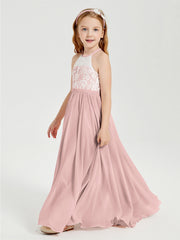 Abiti Da Damigella Lunghi In Chiffon Top In Pizzo Rosa Polvere
