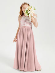 Abiti Da Damigella Lunghi In Chiffon Top In Pizzo Rosa Polvere