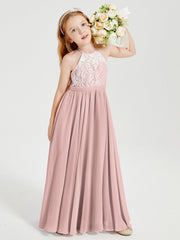 Abiti Da Damigella Lunghi In Chiffon Top In Pizzo Rosa Polvere