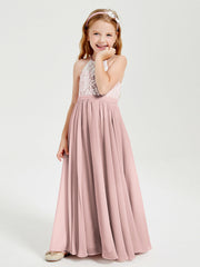 Abiti Da Damigella Lunghi In Chiffon Top In Pizzo Rosa Polvere