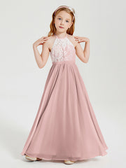 Abiti Da Damigella Lunghi In Chiffon Top In Pizzo Rosa Polvere
