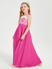 Abiti Da Damigella Lunghi In Chiffon Top In Pizzo Fucsia
